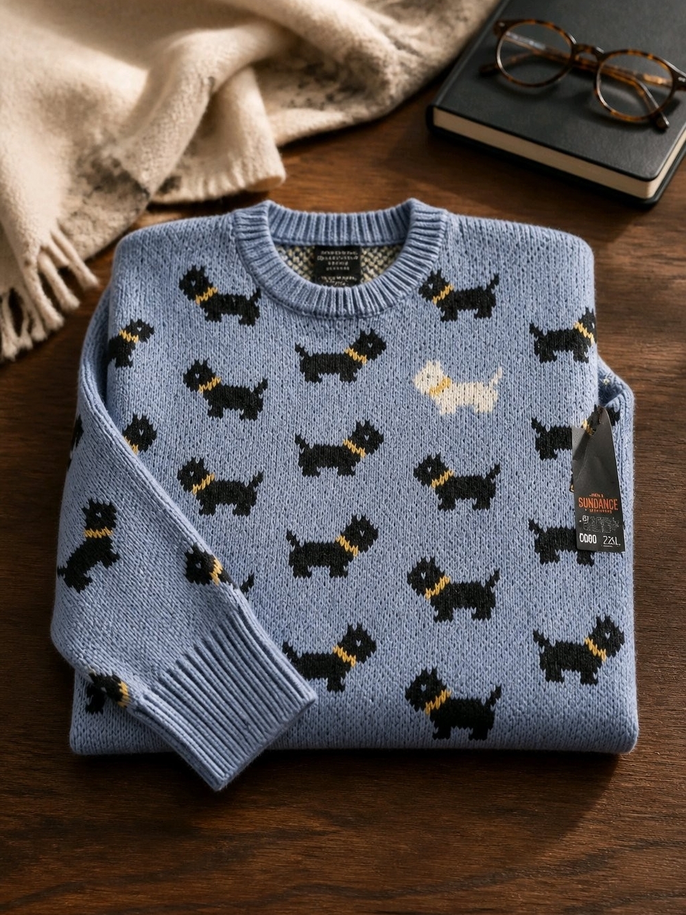 Sundance Blue Crewneck Sweater with Black Dog Motif and Cream Accent